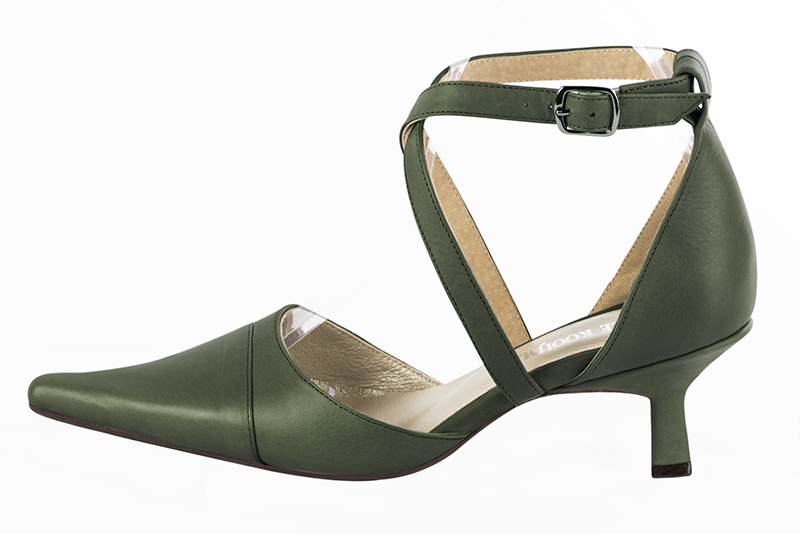 Forest green women's open side shoes, with crossed straps. Pointed toe. Medium spool heels. Profile view - Florence KOOIJMAN